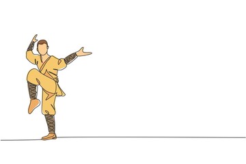 One single line drawing young energetic shaolin monk man exercise kung fu fighting at temple graphic vector illustration. Ancient Chinese martial art sport concept. Modern continuous line draw design