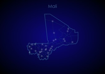 Mali concept map with glowing cities and network covering the country, map of Mali suitable for technology or innovation or internet concepts.