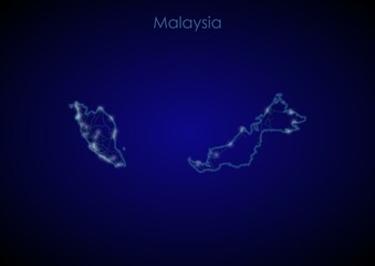 Malaysia concept map with glowing cities and network covering the country, map of Malaysia suitable for technology or innovation or internet concepts.