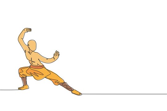 One continuous line drawing of young shaolin monk man practice kung fu style at temple ground . Traditional Chinese combative sport concept. Dynamic single line draw design graphic vector illustration
