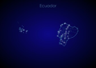 Ecuador concept map with glowing cities and network covering the country, map of Ecuador suitable for technology or innovation or internet concepts.