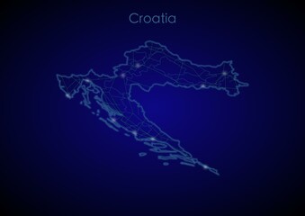 Croatia concept map with glowing cities and network covering the country, map of Croatia suitable for technology or innovation or internet concepts.