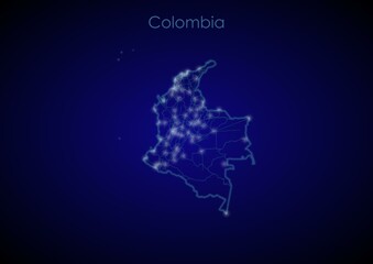 Fototapeta premium Colombia concept map with glowing cities and network covering the country, map of Colombia suitable for technology or innovation or internet concepts.