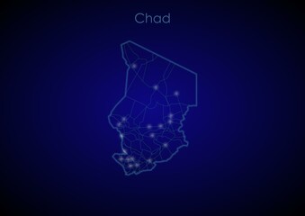 Chad concept map with glowing cities and network covering the country, map of Chad suitable for technology or innovation or internet concepts.