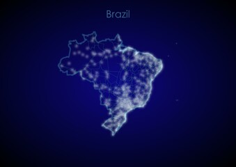 Brazil concept map with glowing cities and network covering the country, map of Brazil suitable for technology or innovation or internet concepts.