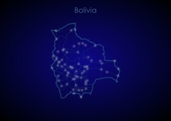 Fototapeta premium Bolivia concept map with glowing cities and network covering the country, map of Bolivia suitable for technology or innovation or internet concepts.