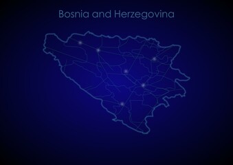 Bosnia and Herzegovina concept map with glowing cities and network covering the country, map of Bosnia and Herzegovina suitable for technology or innovation or internet concepts.