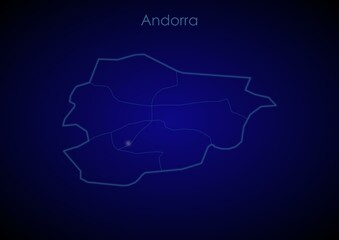 Andorra concept map with glowing cities and network covering the country, map of Andorra suitable for technology or innovation or internet concepts.