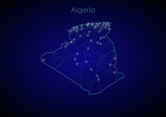Algeria concept map with glowing cities and network covering the country, map of Algeria suitable for technology or innovation or internet concepts.