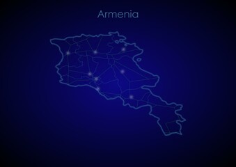 Armenia concept map with glowing cities and network covering the country, map of Armenia suitable for technology or innovation or internet concepts.