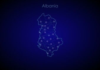 Albania concept map with glowing cities and network covering the country, map of Albania suitable for technology or innovation or internet concepts.