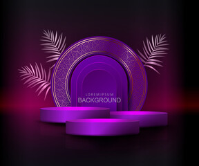 Dark background with a podium with a round frame of gold color