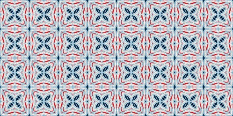 Indigo blue red batik geo nautical seamless border pattern. Modern marin geometric kaleidoscope banner. Nantucket fabric textile style. Summer rustic masculine worn linen effect edging trim tape 