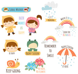 digital stickers of cute kids in rainy seasons

