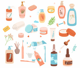 Skin care products illustration , body lotion, face toner and cream, organic liquid soap, eye cream, body scrub. Flat cosmetic objects jar with lid and tube isolated on white. Toothpaste and brush