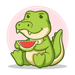 Cute crocodile eating watermelon at summer cartoon vector