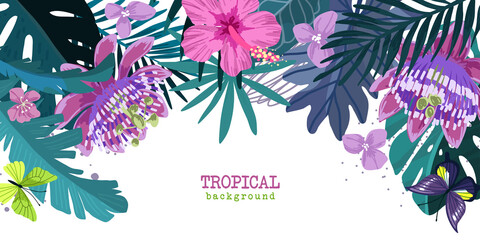 Obraz premium Tropical floral background, hand drawn cartoon art