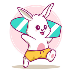Cute rabbit carrying surfboard cartoon vector