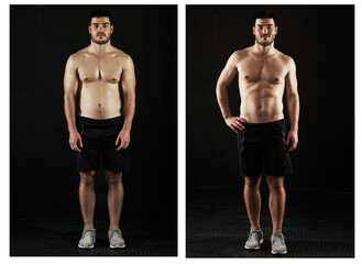 Anyone can achieve the body they desire. Before and after shot of a young mans fitness progress...