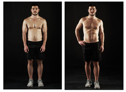 Anyone can achieve the body they desire. Before and after shot of a young mans fitness progress isolated on black.