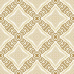 Behangcirkel Gold rhombus and chains seamless pattern. Greek ornamental background. Elegant repeat backdrop. Golden geometric ornaments with chains. Modern beautiful design. Endless texture. Isolated. Vector © Naila Zeynalova