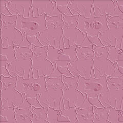 Cute smiley kittens 3d seamless pattern. Embossed pink cartoon cats background. Textured repeat  vector backdrop. Beautiful emboss kittens, toys, maus with key, fish, love hearts. Pretty animals