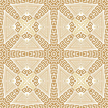 Gold plaid tartan seamless pattern. Greek background. Elegant repeat Deco backdrop. Golden geometric tribal ethnic ornaments with chains. Modern abstract design. Endless texture. Isolated. Vector