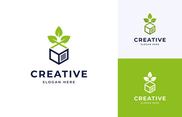 Geometric leaf box packaging growth vector logo design, Creative book education box tech logo design
