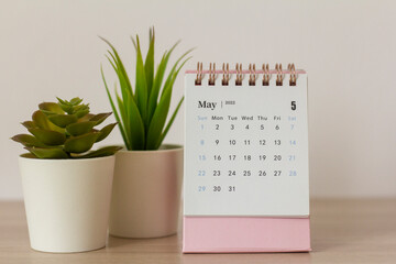 Desktop mini calendar for May 2022.Calendar for planning on the desktop.