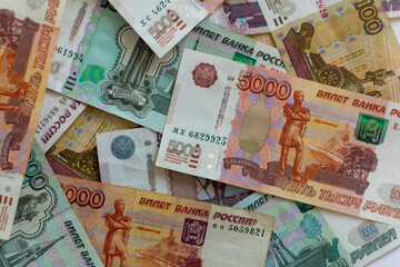 Fototapeta na wymiar Money background. Various banknotes of Russian rubles.