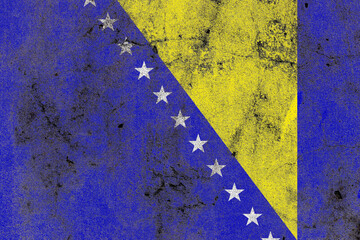 Painted bosnia and herzegovina flag on a distressed old concrete wall surface - obrazy, fototapety, plakaty