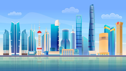 Shanghai City panorama skyline. High skyscrapers modern cityscape. Vector illustration.