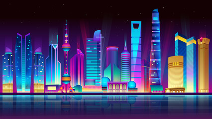 Night Shanghai City illuminated by neon lights. Modern buildings and skyscrapers. Vector illustration.