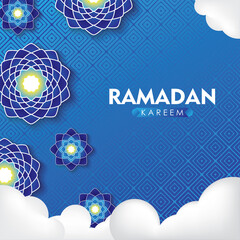 Ramadan Kareem Greeting Vector Design. Flowers, Lantern, Clouds on White and Blue Background Illustration