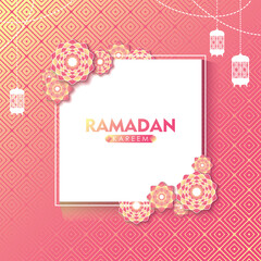 Ramadan Kareem Greeting Vector Design. Flowers, Lantern on White and Pink Background Illustration