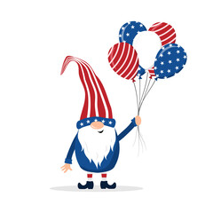 Patriotic american gnome. Cute scandinavian dwarf with balloons. Elf celebrate Independence day in the United States. Happy 4th of july. Vector illustration in flat cartoon style. National freedom day