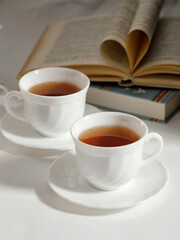 minimalistic white porcelain teapot and cups for tea drinking for two