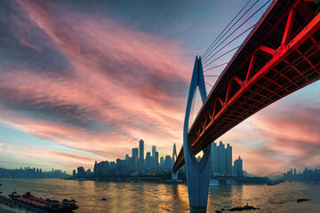 Chongqing urban construction and overpass with sunset