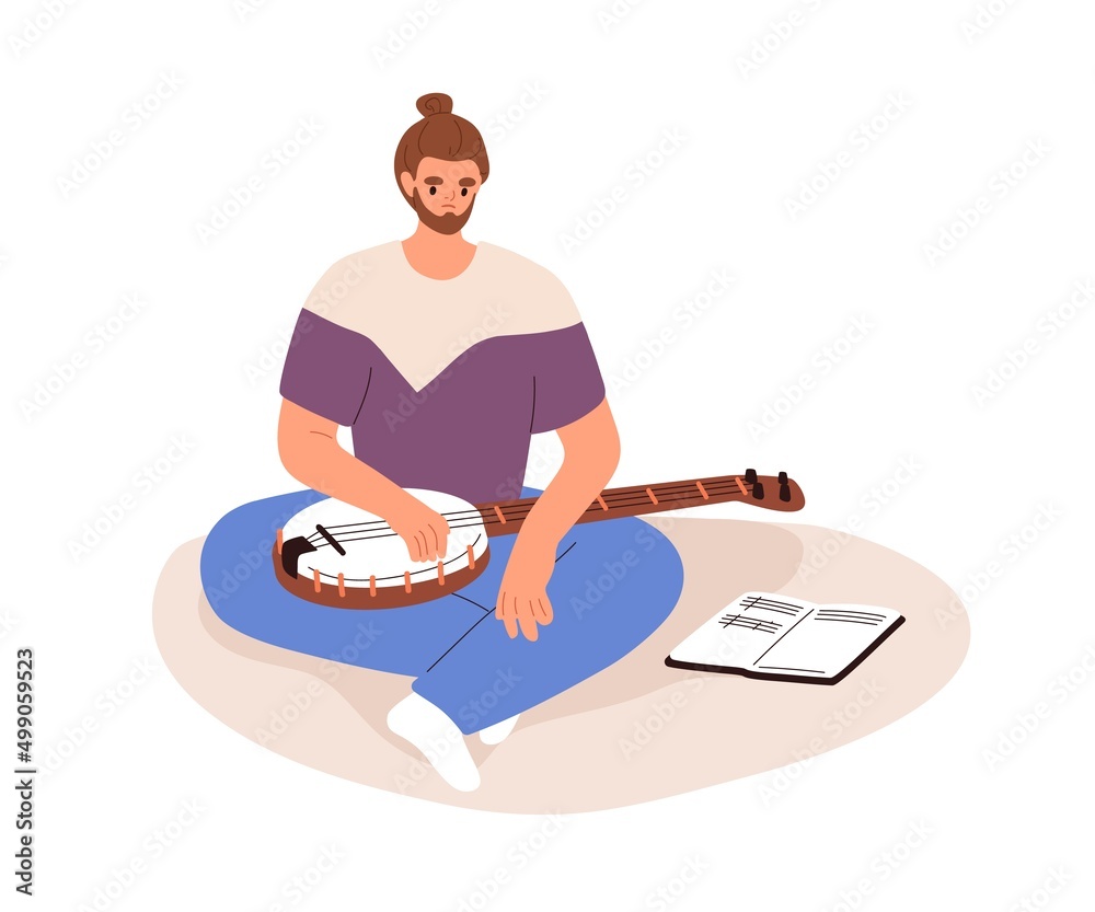 Poster Musician at creative crisis, burnout. Man, bonjo player failed in learning to play string instrument. Creativity problems, difficulties concept. Flat vector illustration isolated on white background