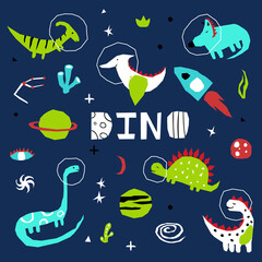 Cutout style dino in space icons set