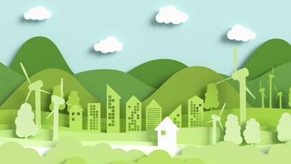 Fototapeta premium Paper landscape art style with eco-green city, the concept of saving the planet and energy. Eco-friendly city cut out of paper, 3d illustration in a flat style.