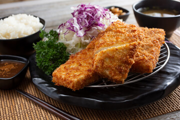 A view of a plate of tofu katsu.