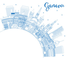 Outline Geneva Switzerland City Skyline with Blue Buildings and Copy Space.