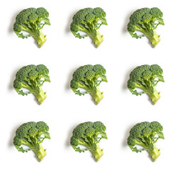 Seamless pattern with fresh broccoli on white background.