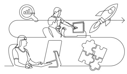 business concept continuous line drawing illustration of work process in vector format