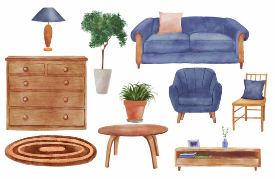 Watercolor Hand Drawn Classic Cozy Home Interior With Potted Plants. Blue Decor Elements For Living Room Isolated On White Background. Chest Of Drawers, Sofa And Armchair