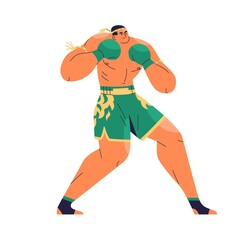 Thailand boxer ready for fight. Fighter of Muay Thai martial art, combat sport. Man athlete standing in pose, wearing shorts and gloves. Flat vector illustration isolated on white background