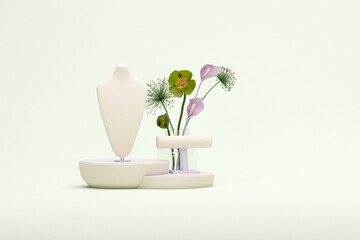 Bust showcase jewelry display for necklace pendant on pastel background. Stand holder. Beige color mannequin jewelry stand.  Minimal pedestal for product. Feminine copy space template 3d render