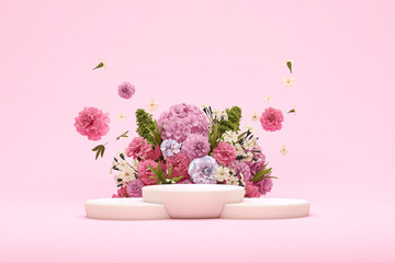 3D podium display, pastel pink background with hydrangeas flower and vintage frame. Peonies flower and nature leaf. Minimal pedestal for beauty, product. Feminine copy space template 3d render	 - obrazy, fototapety, plakaty