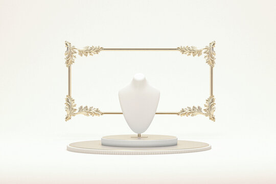 Bust showcase jewelry display for necklace pendant on classic background. Stand holder. Beige color mannequin jewelry stand.  Minimal pedestal for product. Feminine copy space template 3d render
